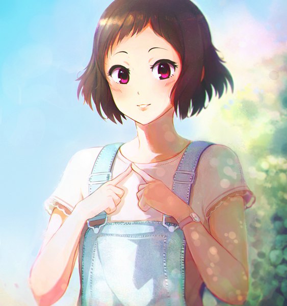 Anime picture 1008x1074 with hyouka kyoto animation ibara mayaka hanr10 single tall image looking at viewer blush short hair smile brown hair payot sky upper body outdoors parted lips pink eyes light smile blurry short sleeves