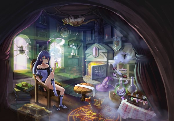 Anime picture 3700x2567 with original 2drr single long hair looking at viewer fringe highres hair between eyes sitting green eyes blue hair absurdres indoors parted lips magic smoke half updo fantasy girl dress