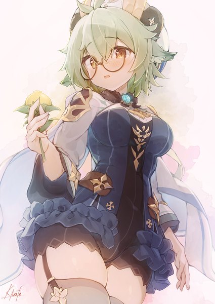 Anime picture 1003x1416 with genshin impact sucrose (genshin impact) e-note single tall image fringe short hair light erotic hair between eyes signed animal ears yellow eyes green hair from below zettai ryouiki skindentation girl thighhighs flower (flowers) glasses