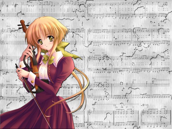 Anime picture 2048x1536 with carnelian single long hair highres blonde hair yellow eyes light smile wallpaper third-party edit music musician girl musical instrument violin bow (instrument)