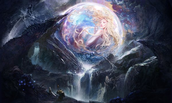 Anime picture 1600x960 with tera online blonde hair wide image eyes closed very long hair from behind night sky magic mountain rock waterfall girl water cloak staff