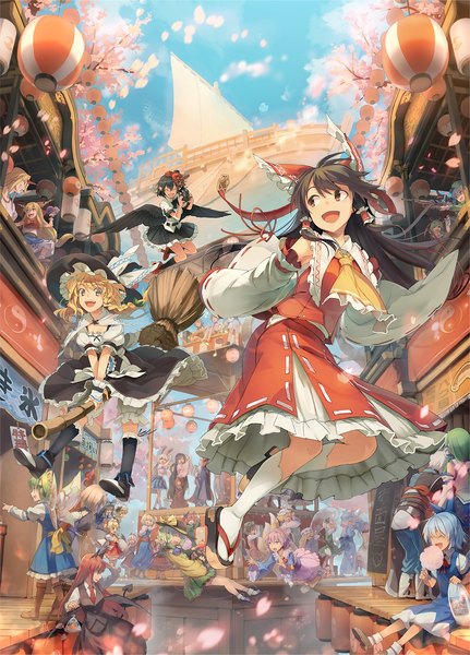 Anime picture 1134x1577 with touhou hakurei reimu kirisame marisa konpaku youmu yakumo yukari kochiya sanae saigyouji yuyuko shameimaru aya alice margatroid cirno komeiji koishi reisen udongein inaba fujiwara no mokou ibuki suika kaenbyou rin yakumo ran houraisan kaguya chen kagiyama hina kawashiro nitori