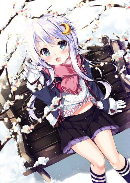 Anime picture 960x1355 with kantai collection yayoi destroyer mayuzaki yuu single long hair tall image looking at viewer blush open mouth blue eyes sitting white hair from above blurry depth of field snowing winter snow exhalation girl