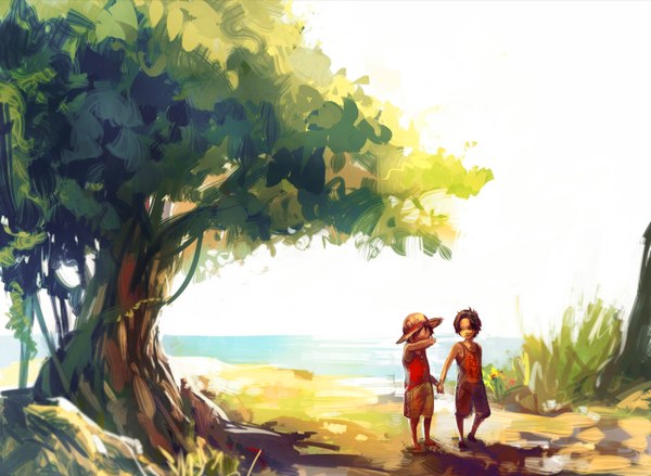 Anime picture 1542x1130 with one piece toei animation monkey d. luffy portgas d. ace tsuyomaru short hair black hair multiple boys holding hands horizon crying boy plant (plants) hat tree (trees) shorts sea 2 boys child (children) straw hat