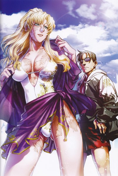Anime picture 2652x3951 with black lagoon madhouse balalaika (black lagoon) mr. chang hiroe rei long hair tall image highres short hair breasts blue eyes light erotic blonde hair smile brown hair sky cleavage cloud (clouds) ponytail scan