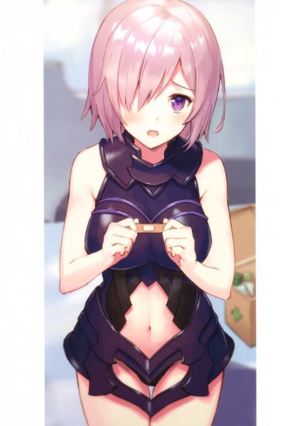 Anime picture 2500x3532 with fate (series) fate/grand order mash kyrielight haru (hiyori-kohal) single tall image looking at viewer blush fringe highres short hair breasts open mouth light erotic large breasts standing purple eyes holding pink hair head tilt