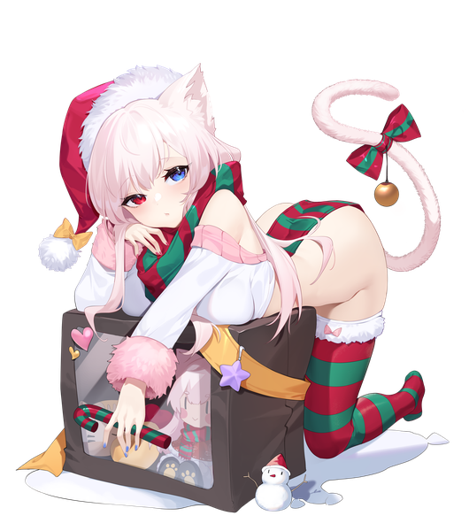 Anime picture 4524x5118 with original kojioo single long hair tall image looking at viewer fringe highres light erotic hair between eyes animal ears absurdres white hair tail animal tail cat ears cat girl cat tail no shoes heterochromia
