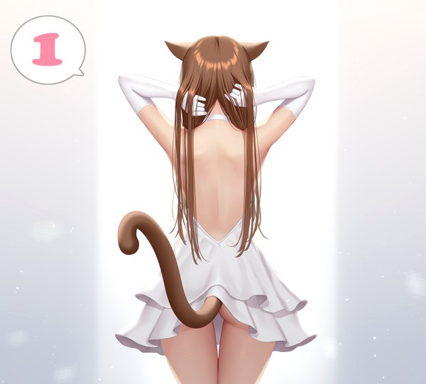 Anime picture 2239x2020 with original re:shimashima single long hair highres light erotic simple background brown hair standing white background animal ears ass tail animal tail from behind cat ears arms up cat girl cat tail thigh gap