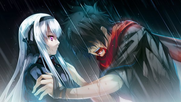 Anime picture 1920x1080 with silverio vendetta zephyr colerain vendetta (silverio vendetta) hagure keg yuunagi (seventh heaven) long hair fringe highres short hair open mouth black hair simple background hair between eyes wide image looking away game cg upper body white hair profile pink eyes