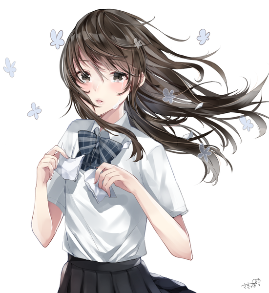 Anime picture 1094x1191 with original sakippo (sakippo0) single long hair tall image looking at viewer blush fringe breasts black hair simple background hair between eyes white background holding signed upper body parted lips pleated skirt fingernails black eyes