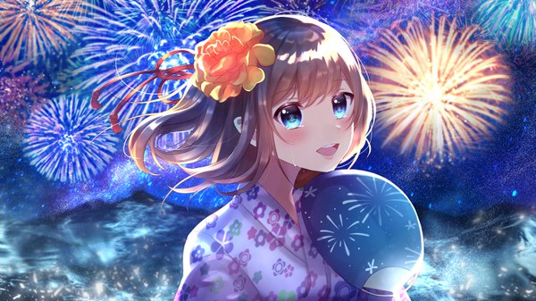 Anime picture 3058x1720 with cevio satou sasara sakamoto nozoumi single looking at viewer blush fringe highres short hair open mouth blue eyes smile brown hair wide image upper body traditional clothes :d japanese clothes hair flower wind