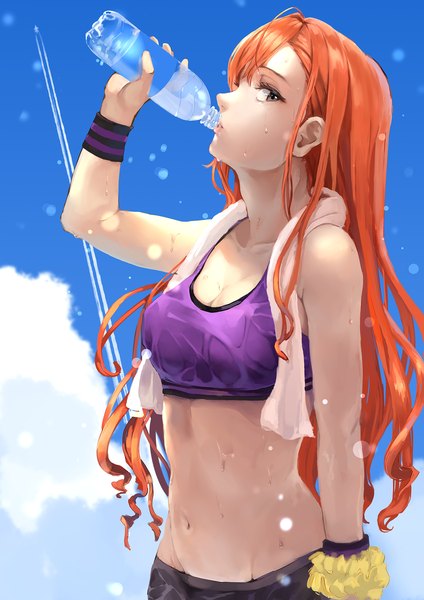 Anime picture 1378x1949 with idolmaster idolmaster shiny colors arisugawa natsuha yasaidon single long hair tall image looking at viewer fringe breasts light erotic holding sky cleavage cloud (clouds) outdoors profile arm up black eyes orange hair