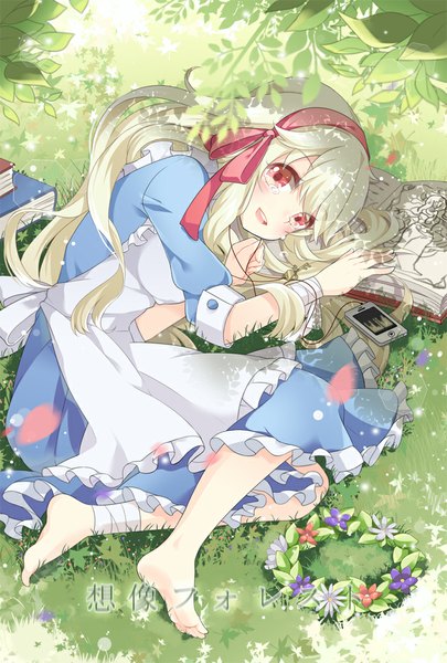Anime picture 700x1036 with kagerou project shaft (studio) mary (kagerou project) yeni single long hair tall image looking at viewer blush open mouth red eyes white hair barefoot tears girl dress flower (flowers) plant (plants) petals hairband