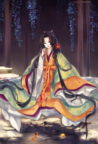 Anime picture 900x1318 with claparo-sans tall image black hair sitting very long hair traditional clothes hair flower black eyes inscription wide sleeves girl hair ornament flower (flowers) bow water fish (fishes) ball goldfish