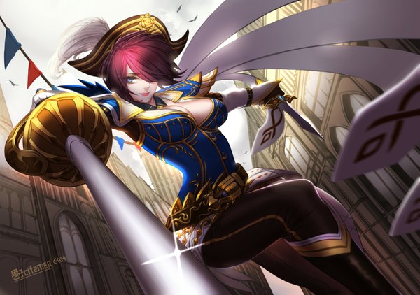 Anime picture 1785x1258 with league of legends fiora (league of legends) gu-ko citemer single looking at viewer fringe highres short hair breasts blue eyes light erotic smile standing pink hair sky bent knee (knees) sunlight hair over one eye from below spread arms