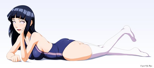 Anime picture 4500x2003 with naruto studio pierrot naruto (series) hyuuga hinata shugo19 single long hair looking at viewer fringe highres breasts open mouth light erotic black hair simple background smile wide image large breasts purple eyes signed