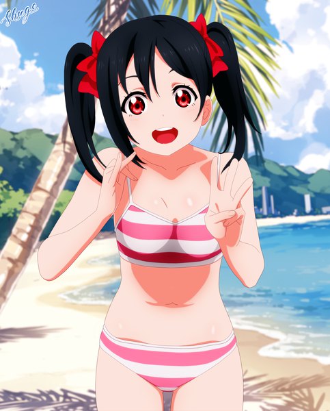 Anime picture 2416x3000 with love live! school idol project sunrise (studio) love live! yazawa nico shugo19 single long hair tall image looking at viewer fringe highres open mouth light erotic black hair hair between eyes red eyes standing twintails bare shoulders signed
