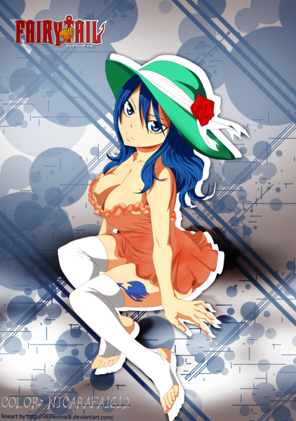 Anime picture 2680x3814 with fairy tail juvia lockser nicarafa1612 single long hair tall image highres blue eyes light erotic blue hair inscription tattoo coloring girl thighhighs dress flower (flowers) hat white thighhighs