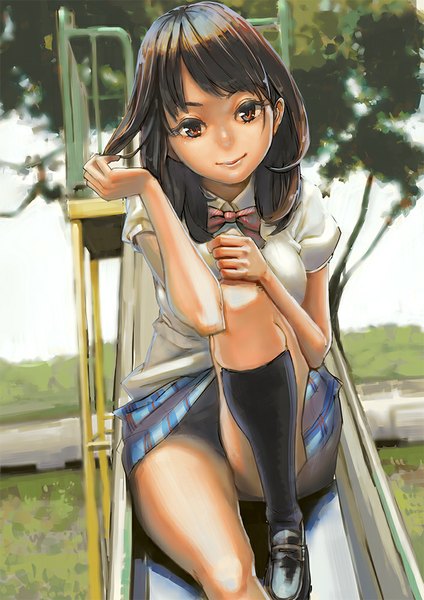 Anime picture 707x1000 with original aro (charged time out) single long hair tall image looking at viewer light erotic brown hair sitting brown eyes light smile pantyshot adjusting hair pantyshot sitting upskirt girl skirt uniform underwear panties