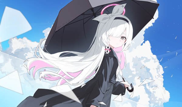 Anime picture 4632x2740 with blue archive plana (blue archive) chiyo akira single long hair looking at viewer fringe highres wide image absurdres sky cloud (clouds) outdoors white hair multicolored hair black eyes hair over one eye turning head colored inner hair girl