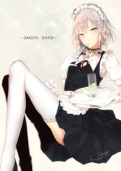 Anime picture 1254x1770 with touhou izayoi sakuya sakusyo single tall image looking at viewer fringe short hair simple background hair between eyes sitting holding signed silver hair bent knee (knees) braid (braids) grey background maid puffy sleeves character names