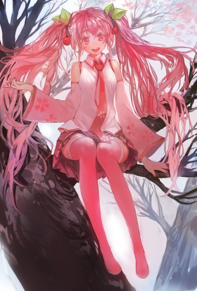 Anime picture 875x1291 with vocaloid hatsune miku sakura miku zrero single long hair tall image looking at viewer open mouth twintails bare shoulders pink hair nail polish pleated skirt pink eyes cherry blossoms girl skirt plant (plants) detached sleeves