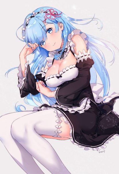 Anime picture 1000x1450 with re:zero kara hajimeru isekai seikatsu white fox rem (re:zero) mery (yangmalgage) single long hair tall image looking at viewer blush breasts blue eyes light erotic simple background large breasts signed blue hair cleavage lying nail polish light smile