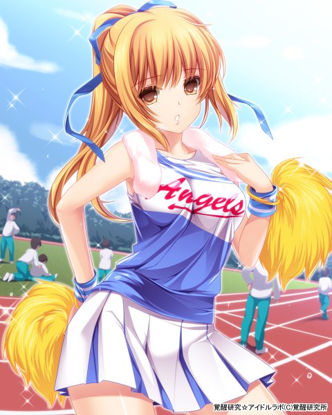 Anime picture 959x1200 with original moneti (daifuku) long hair tall image looking at viewer blonde hair yellow eyes ponytail cheerleader girl skirt ribbon (ribbons) hair ribbon wristlet