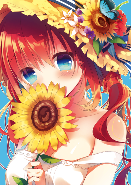 Anime picture 600x842 with original amamine single long hair tall image looking at viewer blush simple background bare shoulders holding cleavage red hair head tilt aqua eyes strap slip covered mouth body blush outline aqua background girl