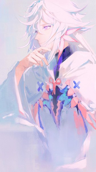 Anime picture 800x1422 with fate (series) fate/grand order merlin (fate) lirseven single long hair tall image fringe hair between eyes purple eyes looking away upper body white hair hand on face boy