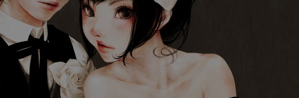 Anime picture 1280x424 with original enta shiho short hair black hair simple background wide image bare shoulders brown eyes lips couple face girl flower (flowers)