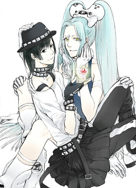 Anime picture 827x1137 with dramatical murder nitro+chiral sei (dramatical murder) usui (dmmd) calcuindy (artist) long hair tall image short hair black hair simple background white background sitting twintails yellow eyes very long hair pleated skirt light smile black eyes aqua hair multiple boys
