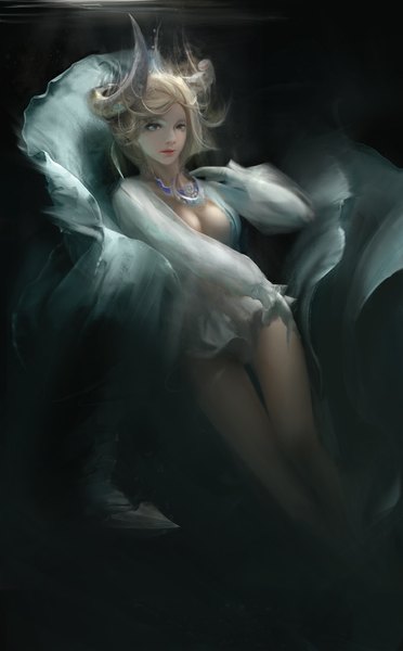 Anime picture 680x1096 with original yueyue single tall image looking at viewer short hair breasts blue eyes light erotic blonde hair horn (horns) dark background underwater girl dress gloves water white gloves white dress