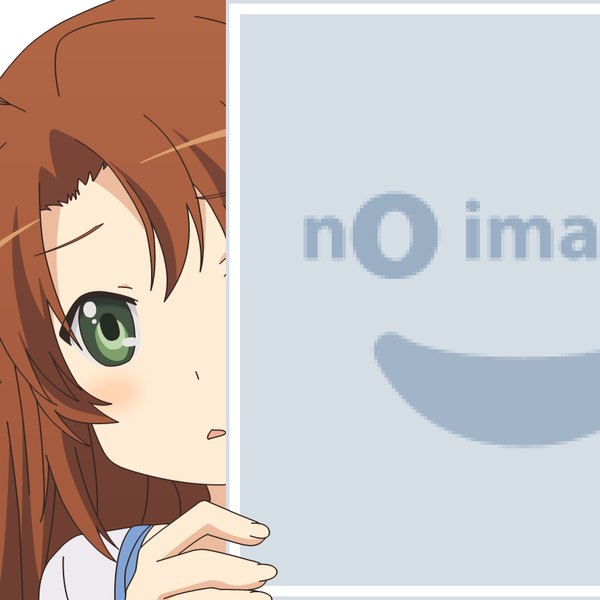 Anime-Bild 850x850 mit non non biyori silver link pixiv koshigaya komari mugen ouka single long hair looking at viewer blush fringe brown hair white background green eyes parted lips :o close-up no image girl