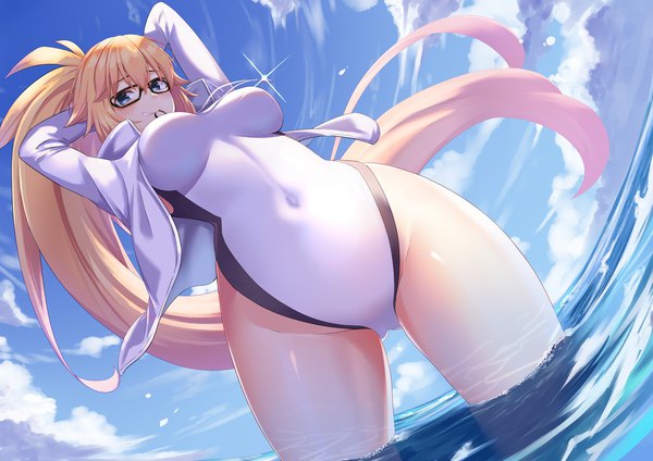 Anime picture 1433x1013 with fate (series) fate/grand order jeanne d'arc (fate) (all) jeanne d'arc (swimsuit archer) kuen (kuennn12) single looking at viewer blush fringe breasts blue eyes light erotic blonde hair smile hair between eyes large breasts standing holding sky cloud (clouds)
