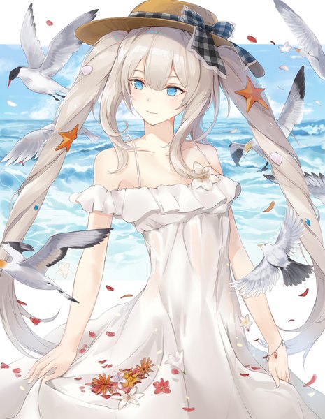 Anime picture 881x1137 with fate (series) fate/grand order marie antoinette (fate/grand order) marie antoinette (swimsuit caster) (fate) kachi single long hair tall image fringe blue eyes hair between eyes twintails bare shoulders payot looking away silver hair drill hair girl dress flower (flowers)