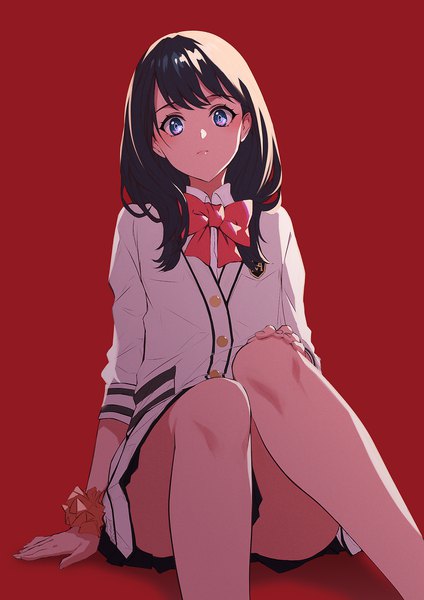 Anime picture 1488x2104 with gridman universe ssss.gridman studio trigger takarada rikka realmbw single long hair tall image looking at viewer blush fringe breasts blue eyes light erotic black hair simple background sitting bent knee (knees) pleated skirt arm support