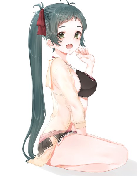 Anime picture 1400x1800 with kantai collection irako food supply ship inorin05kanae single long hair tall image looking at viewer blush open mouth light erotic simple background white background sitting green eyes payot ahoge ponytail green hair swimsuit under clothes girl