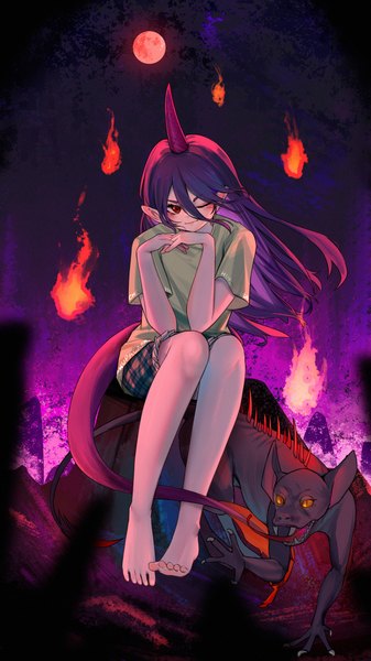 Anime picture 2160x3840 with touhou tenkajin chiyari kourou (kouroukun) single long hair tall image looking at viewer highres smile red eyes sitting purple hair full body one eye closed barefoot horn (horns) pointy ears wink bare legs red moon