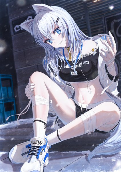 Anime picture 1000x1414 with tsumi no hahen (debris) saye (bae.c) bae.c single long hair tall image looking at viewer fringe breasts blue eyes hair between eyes sitting bare shoulders animal ears full body bent knee (knees) outdoors white hair tail parted lips