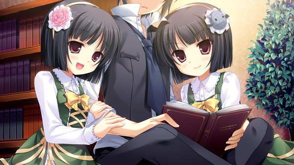 Anime picture 2048x1152 with midori no umi rikuno sorane yukie (peach candy) highres short hair open mouth black hair red eyes wide image multiple girls game cg hair flower loli girl dress hair ornament 2 girls book (books)