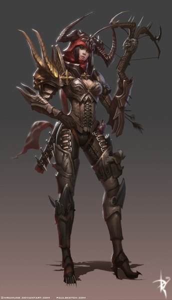Anime picture 698x1217 with diablo (game) blizzard entertainment demon hunter paul (shiramune) single long hair tall image breasts black hair simple background standing horn (horns) realistic grey eyes battle field girl weapon boots armor