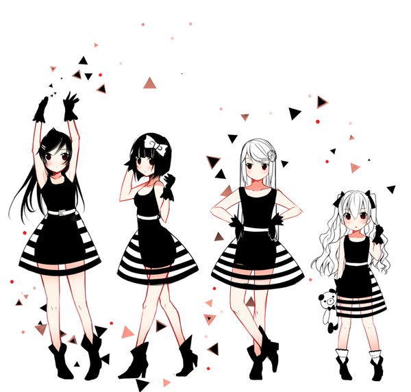 Anime picture 1500x1432 with original usagihime long hair looking at viewer blush fringe short hair black hair simple background hair between eyes red eyes standing white background twintails multiple girls full body white hair hair flower arms up :o