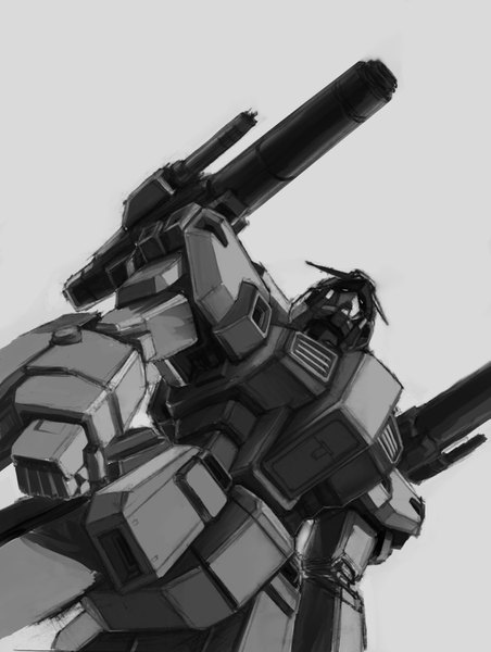 Anime picture 1091x1449 with mobile suit gundam gundam zeonic front sunrise (studio) mudrock gundam lioh666 tall image simple background grey background from below monochrome no people weapon gun mecha cannon