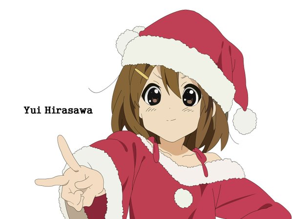Anime picture 1600x1200 with k-on! kyoto animation hirasawa yui single looking at viewer fringe short hair hair between eyes brown hair white background brown eyes upper body long sleeves fur trim christmas face frown girl hat fur