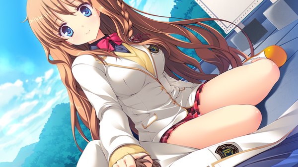 Anime picture 1920x1080 with melty moment orie yuuka long hair looking at viewer highres blue eyes brown hair wide image sitting game cg girl skirt uniform school uniform