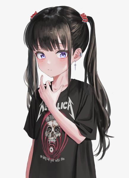 Anime picture 2894x3987 with original metallica nadegata single long hair tall image blush fringe highres blue eyes black hair simple background white background twintails payot upper body blunt bangs piercing looking down ear piercing