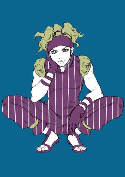 Anime picture 566x800 with jojo no kimyou na bouken squalo chounorin single tall image short hair simple background blonde hair looking away blue background squat boy gloves hairband toes purple gloves