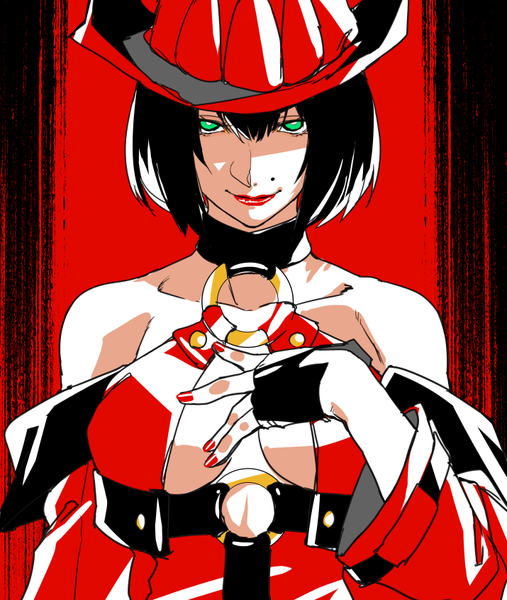 Anime picture 715x845 with guilty gear i-no pizaya single tall image looking at viewer fringe short hair breasts light erotic black hair smile hair between eyes bare shoulders green eyes upper body mole lipstick hand on chest shaded face