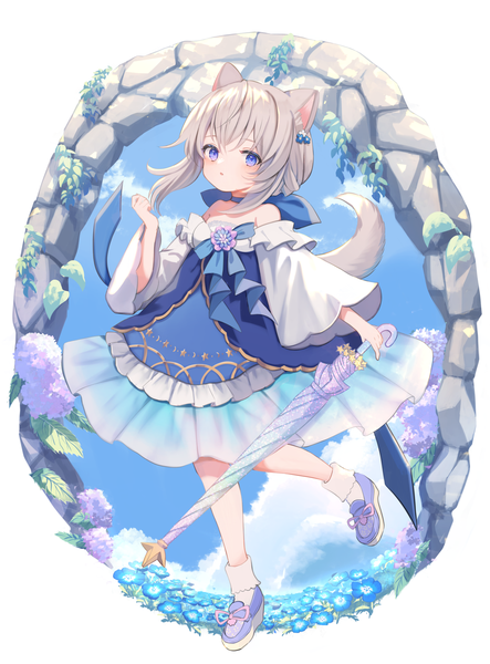 Anime picture 1330x1800 with original marekamico single tall image looking at viewer blush short hair open mouth blue eyes standing holding sky cloud (clouds) full body tail animal tail grey hair loli standing on one leg closed umbrella